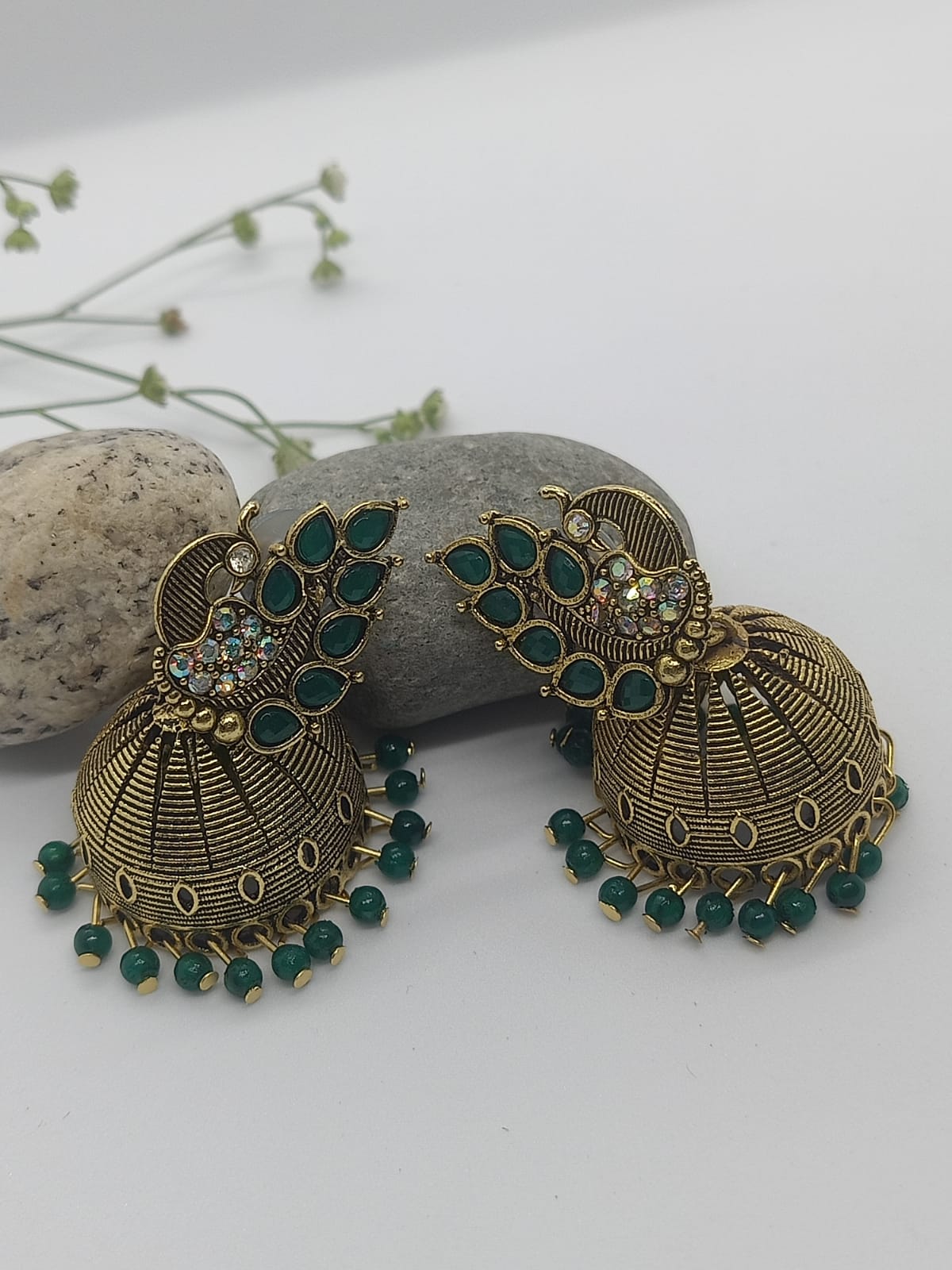 Oxidised Green Peacock Jhumka